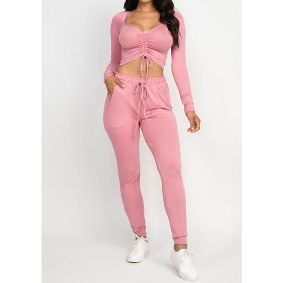 Ruched Crop Top and Pant Set